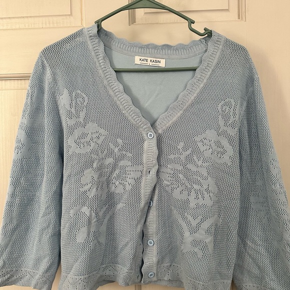 Kate Kasin Sweaters - Kate Kasin Women's Light Blue Floral Cardigan